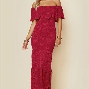 Nightcap Off-Shoulder Burgundy Lace Maxi Dress